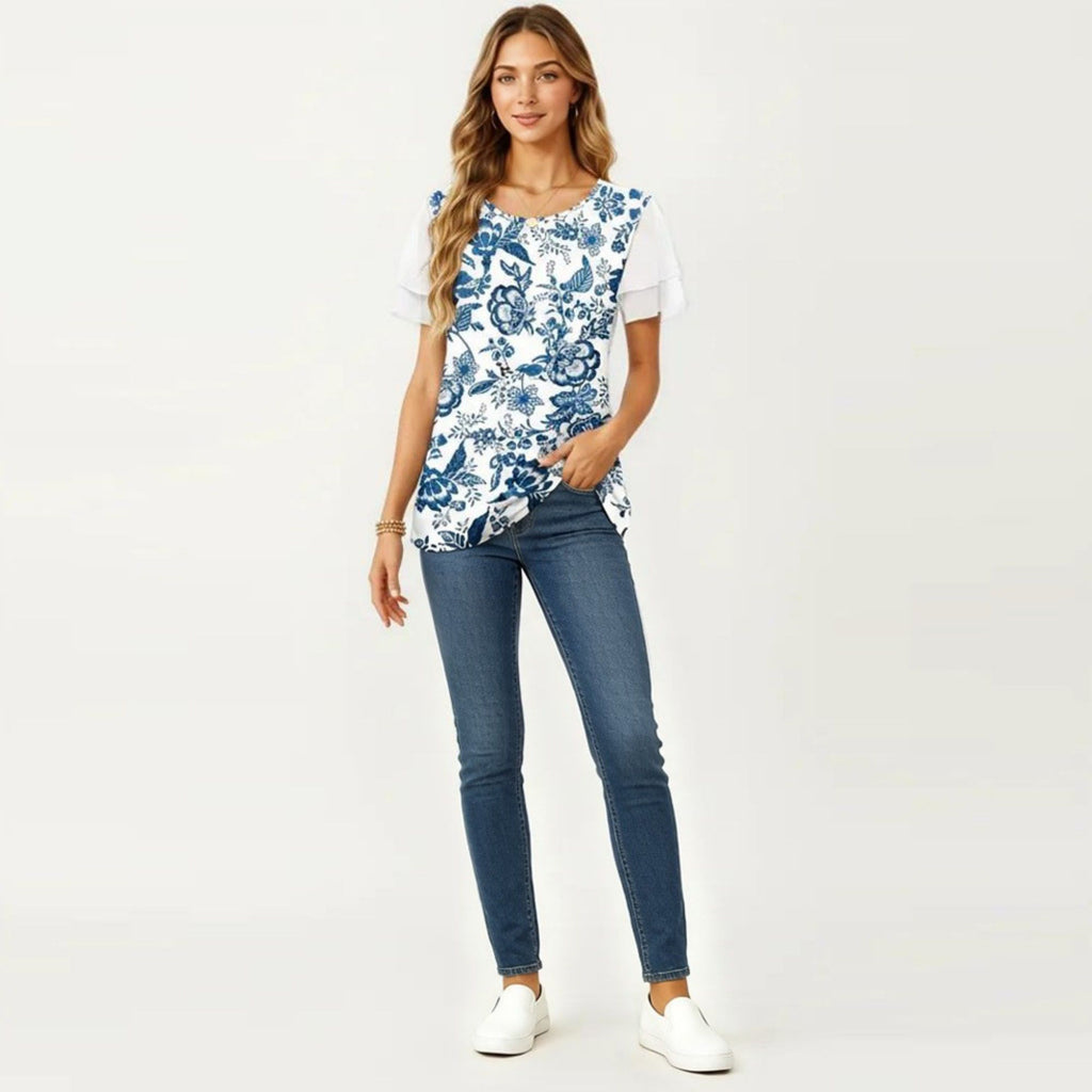 Anna-Kaci Women's Short Sleeve Top with Leopard Print Mesh Sleeves Round Neck Relaxed Fit Casual Shirt