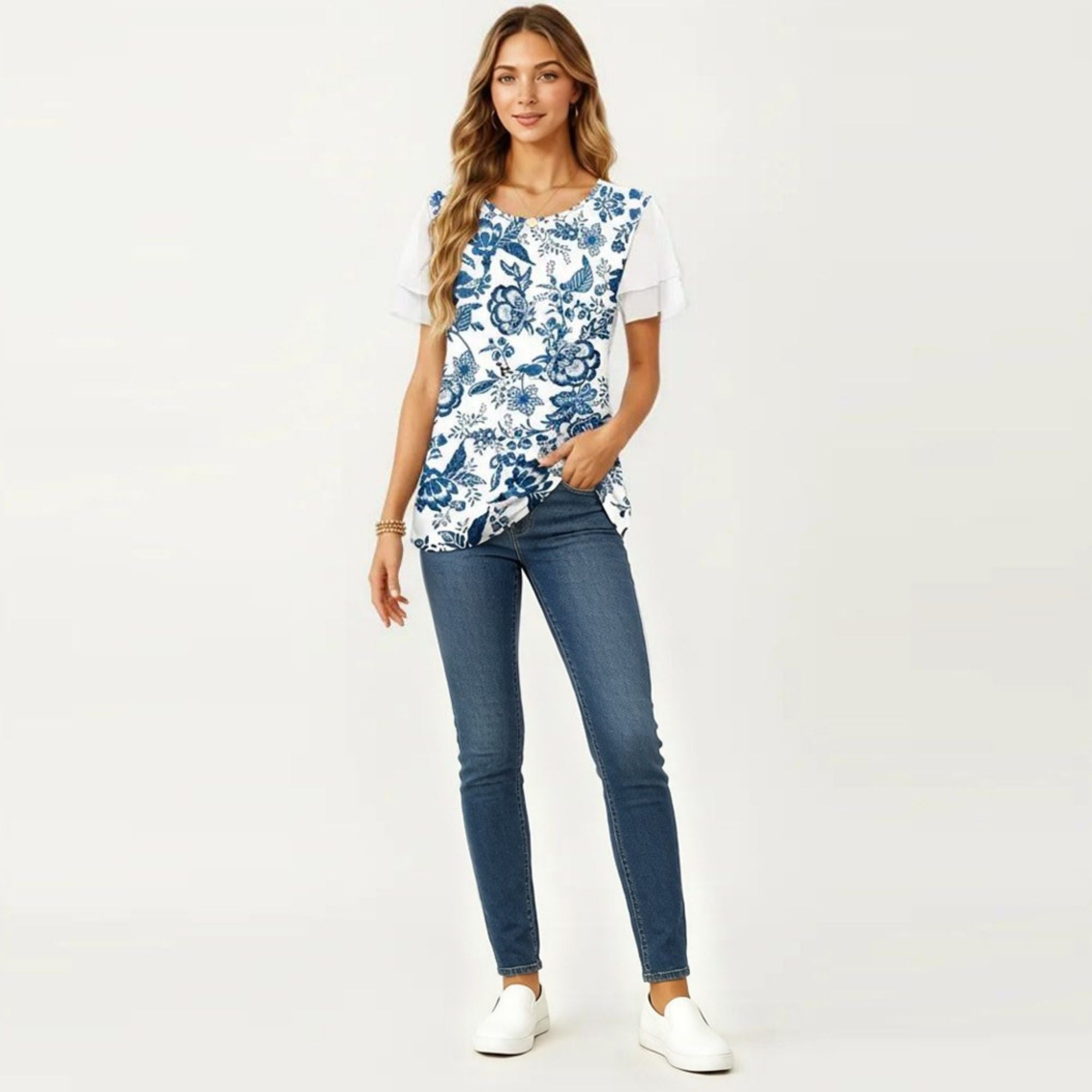 Anna-Kaci Women's Short Sleeve Top with Leopard Print Mesh Sleeves Round Neck Relaxed Fit Casual Shirt