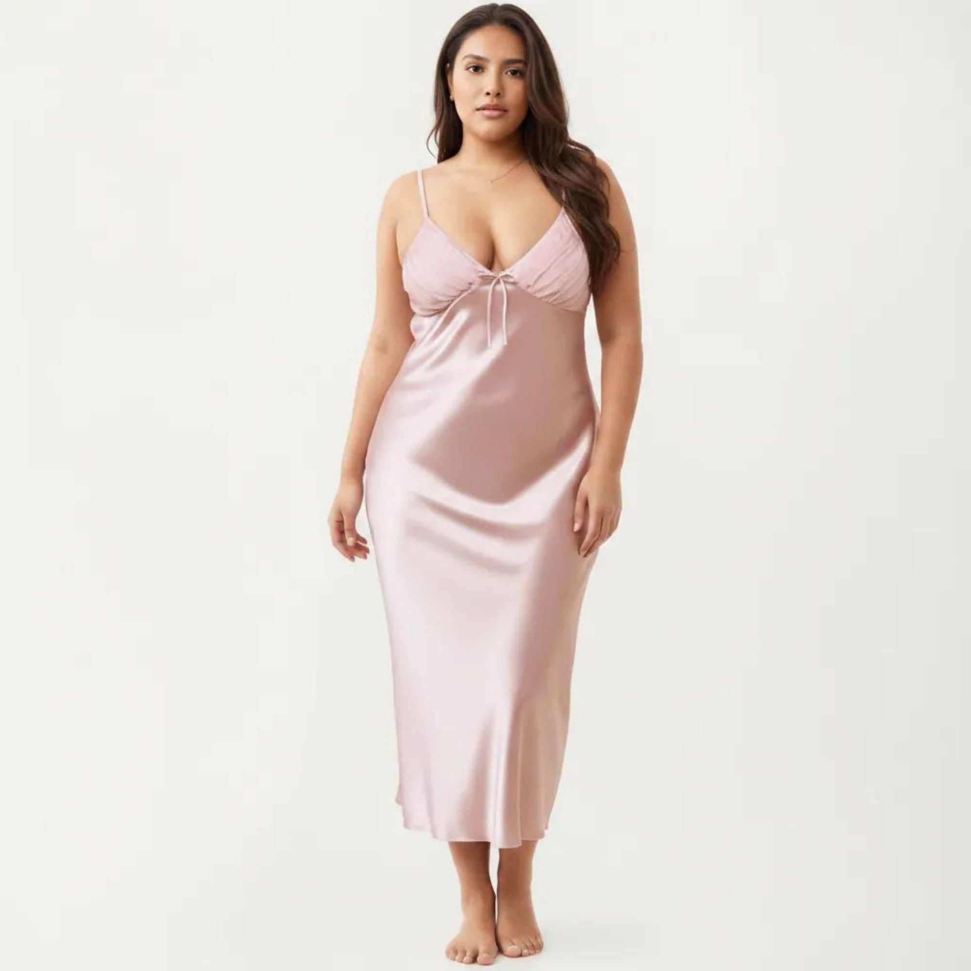 Anna-Kaci Lounge Women's Plus Size Satin Chemise Nightgown with Lace Trim Neckline Adjustable Straps Side Slit Slip Dress