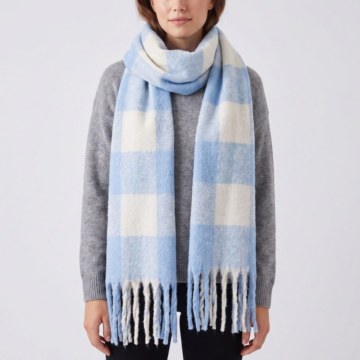 Oversized Plaid Scarf with Fringe Soft Brushed Winter Wrap