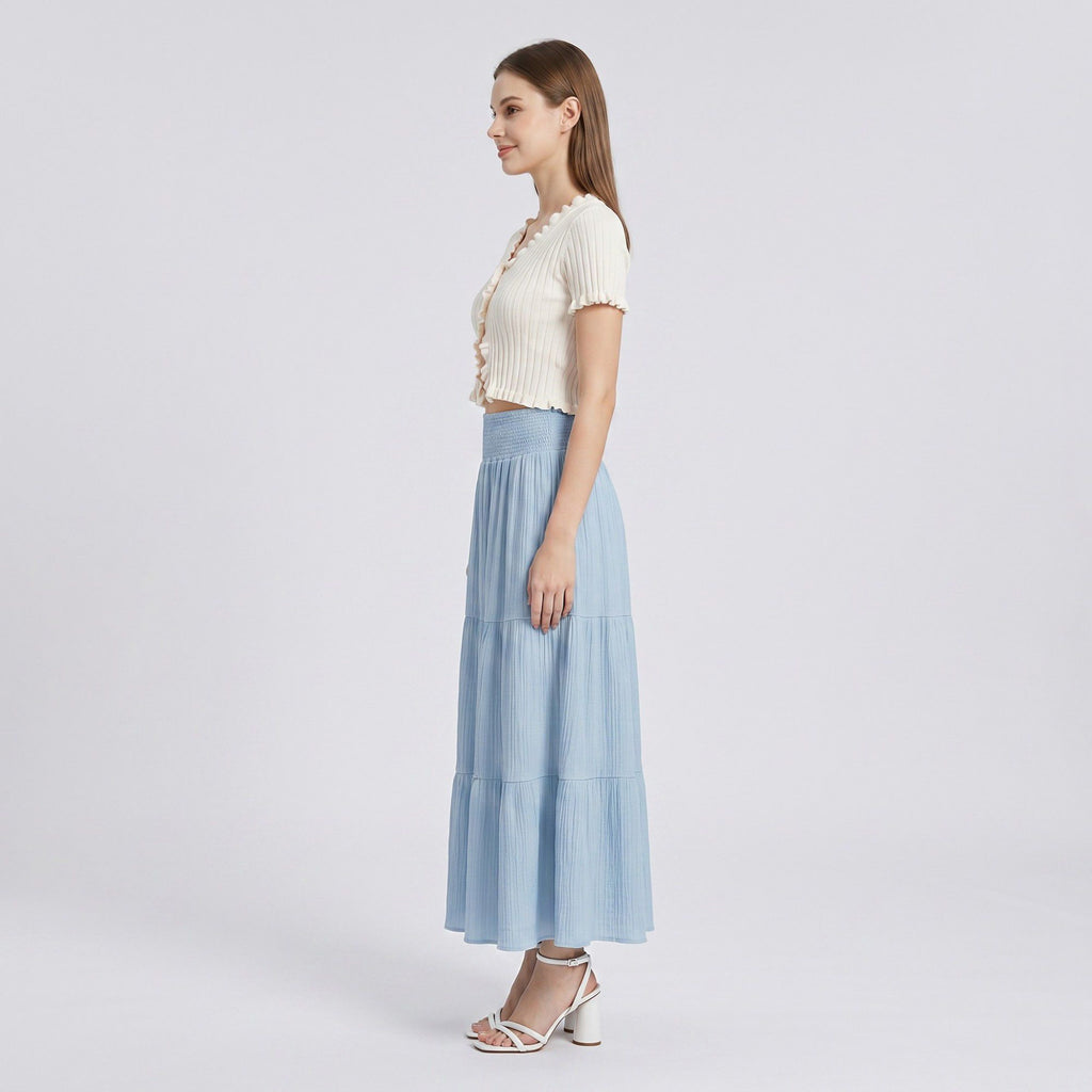 High Waist Smocked Tiered Maxi Skirt Boho Flowy Textured Long Skirt