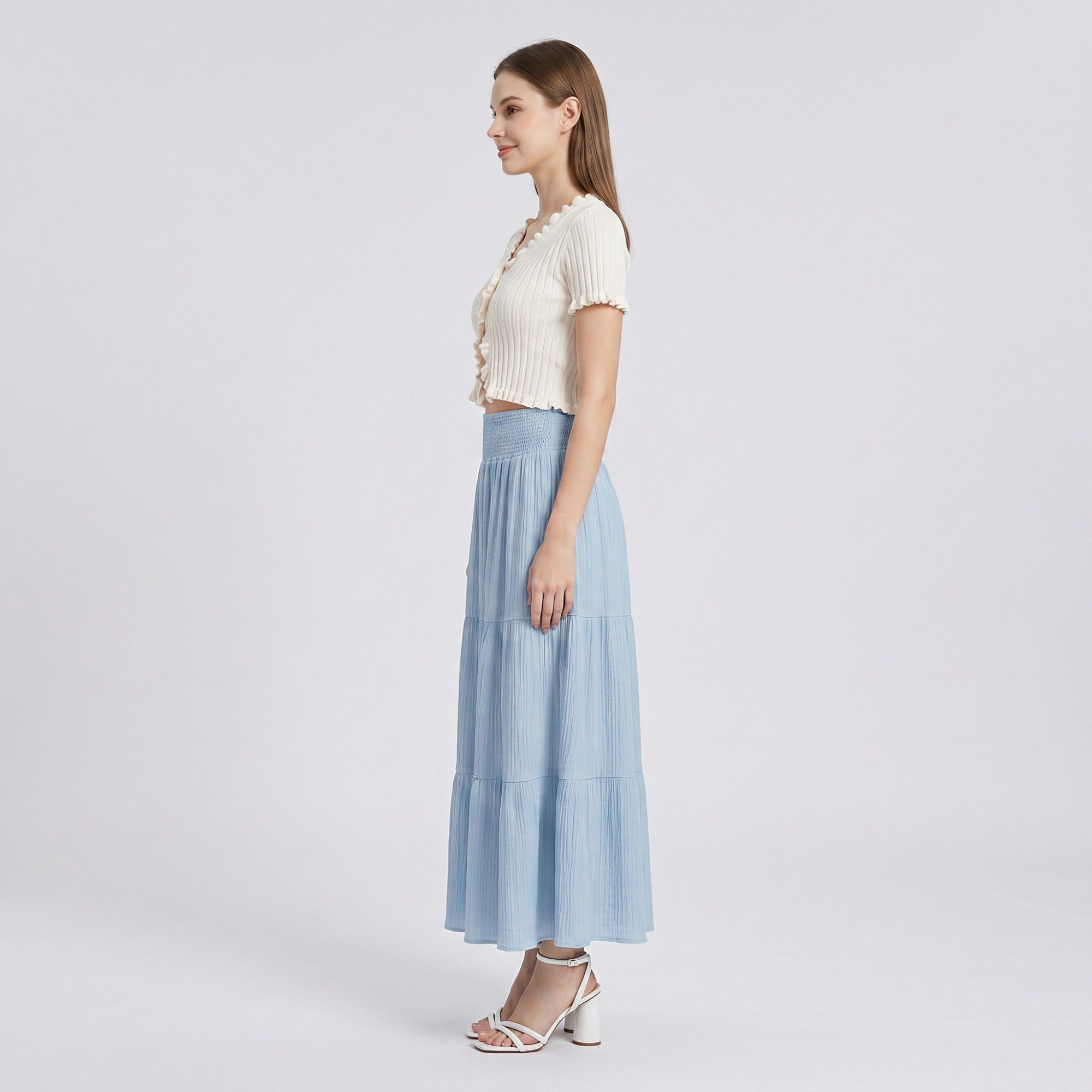 High Waist Smocked Tiered Maxi Skirt Boho Flowy Textured Long Skirt