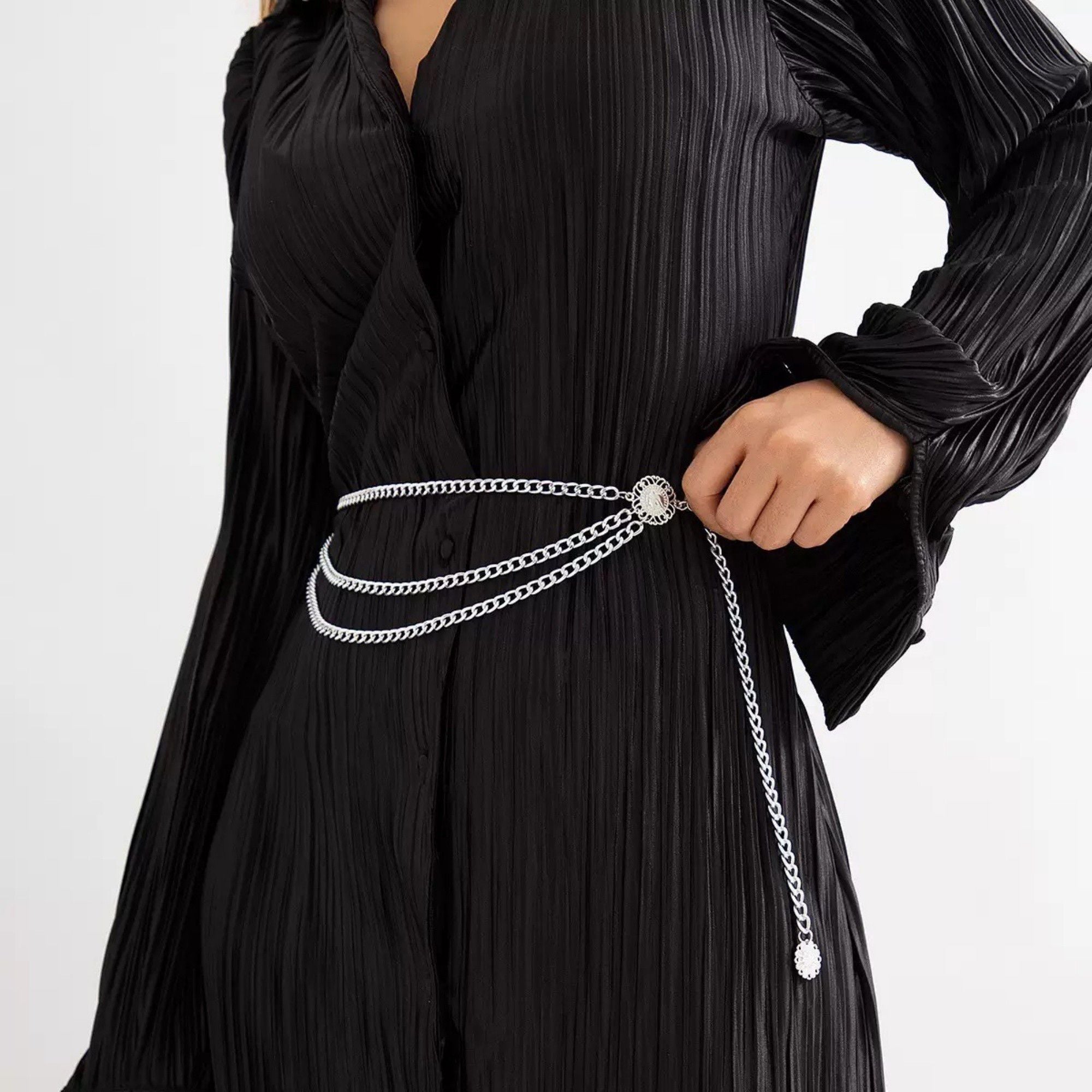 Anna-Kaci Women's Layered Chain Waist Belt with Triple Draped Links and Decorative Medallion Accents for Stylish Detail 35.5in