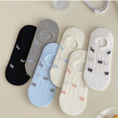 Anna-Kaci 5 Pairs Women's Bow Pattern Low Cut No Show Socks Breathable Mesh Knit Anti-Slip Design Multiple Color Options