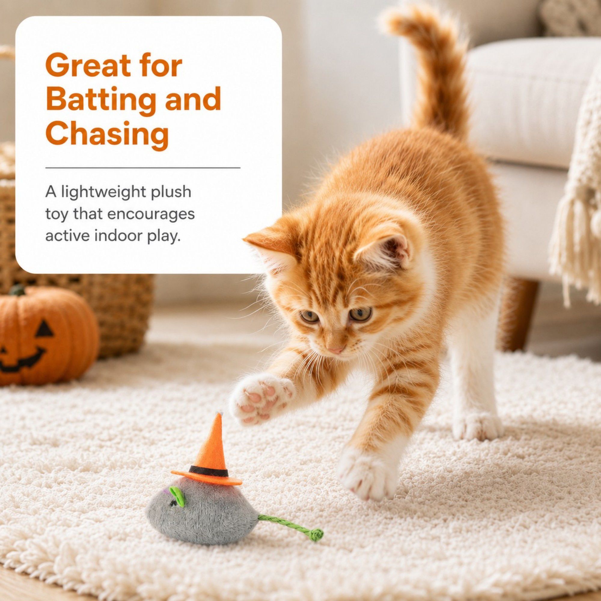 Halloween Witch Mouse Cat Toy with Soft Plush Body and Rope Tail
