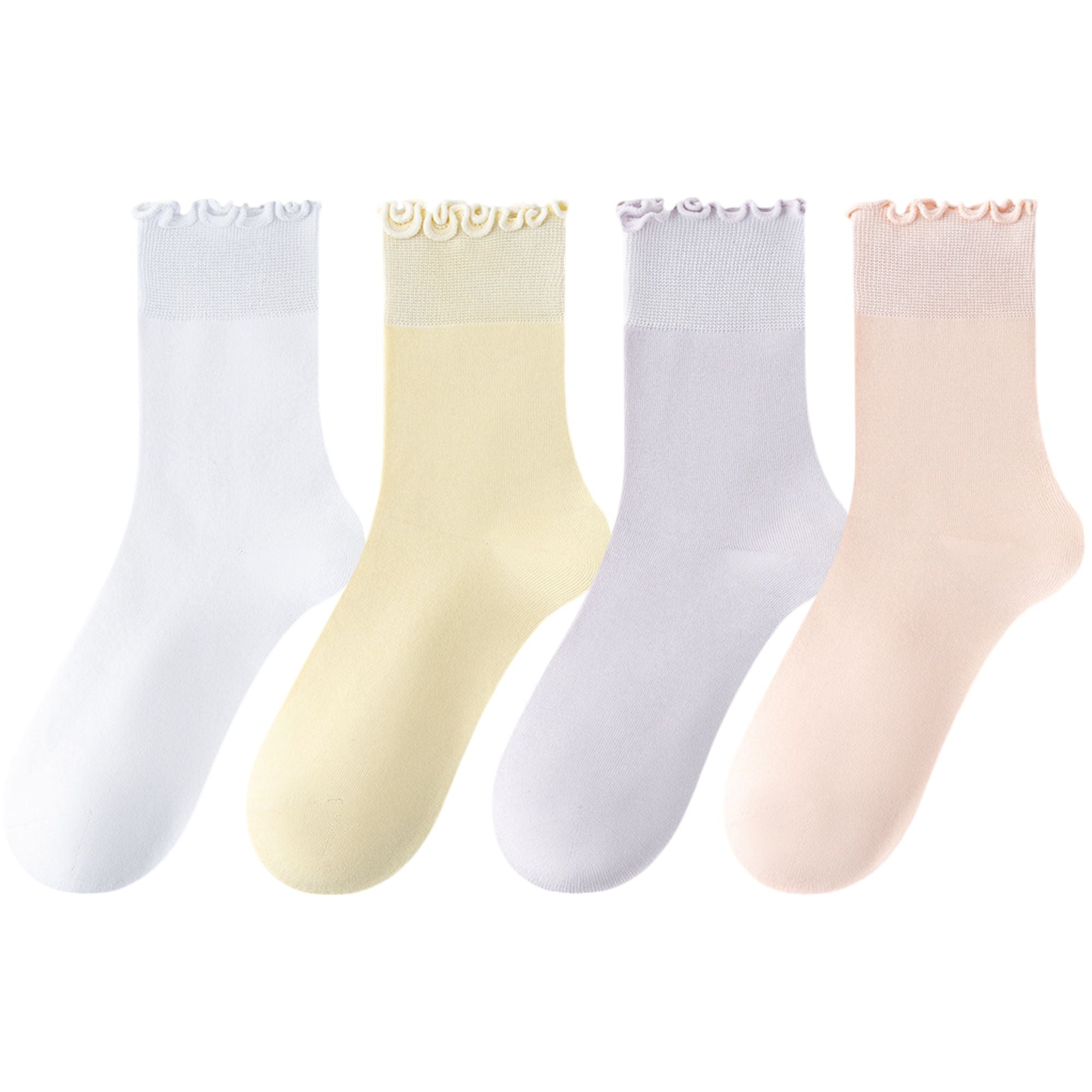Anna-Kaci 4 Pairs Women's Ruffle Edge Crew Socks Soft Stretch Cotton Blend with High Elastic Cuffs in Assorted Solid Colors