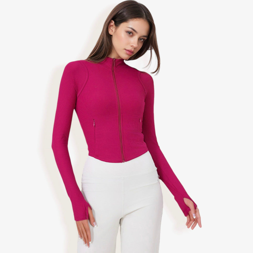 Full-Zip Ribbed Long Sleeve Top with Thumbholes and High Collar
