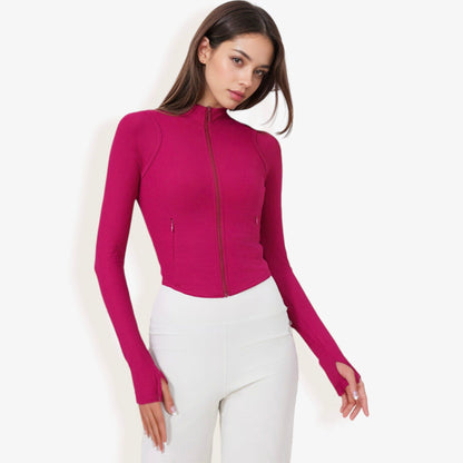 Full-Zip Ribbed Long Sleeve Top with Thumbholes and High Collar