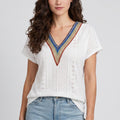 Boho V-Neck Eyelet Blouse Short Sleeve Embroidered Trim Top