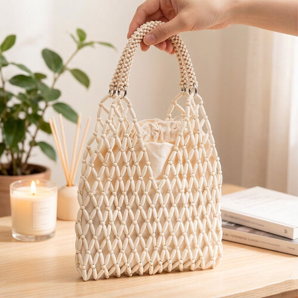 Beaded Tote Bag with Inner Pouch Soft Structured Wooden Bead Handbag Open Weave Shoulder Bag Lightweight Carryall