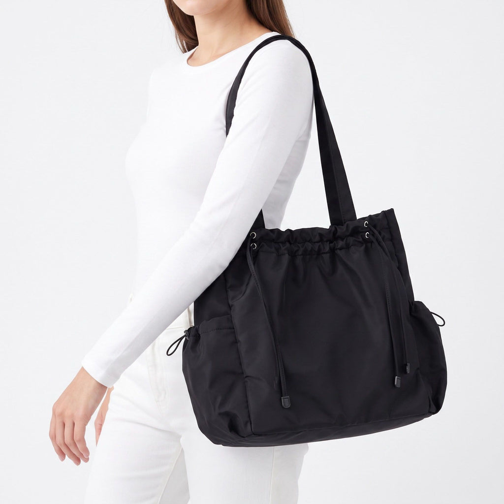 Drawstring Tote Bag with Long Shoulder Straps and Adjustable Side Pockets 12.5x13x5.5in
