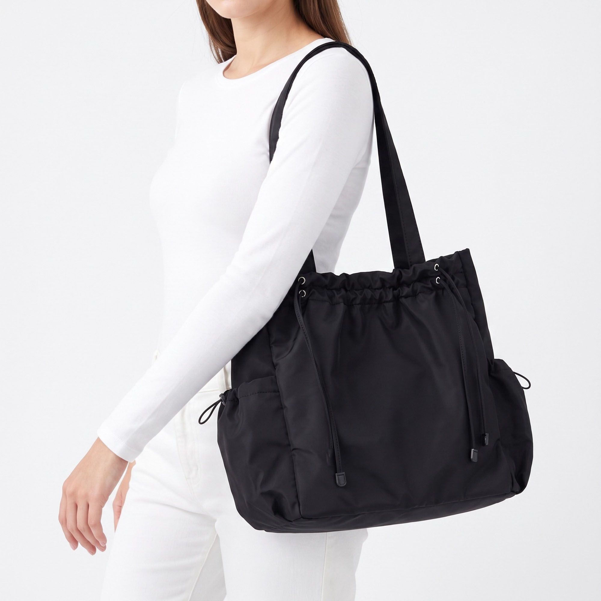 Drawstring Tote Bag with Long Shoulder Straps and Adjustable Side Pockets 12.5x13x5.5in