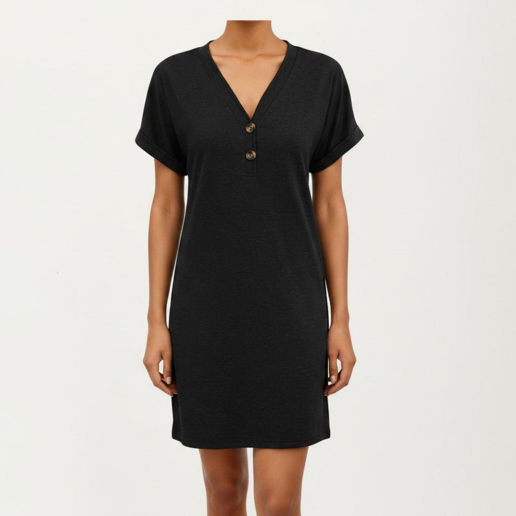 Anna-Kaci Women's Short Sleeve V Neck Shift Dress with Button Detail Relaxed Fit Casual Tunic Dress