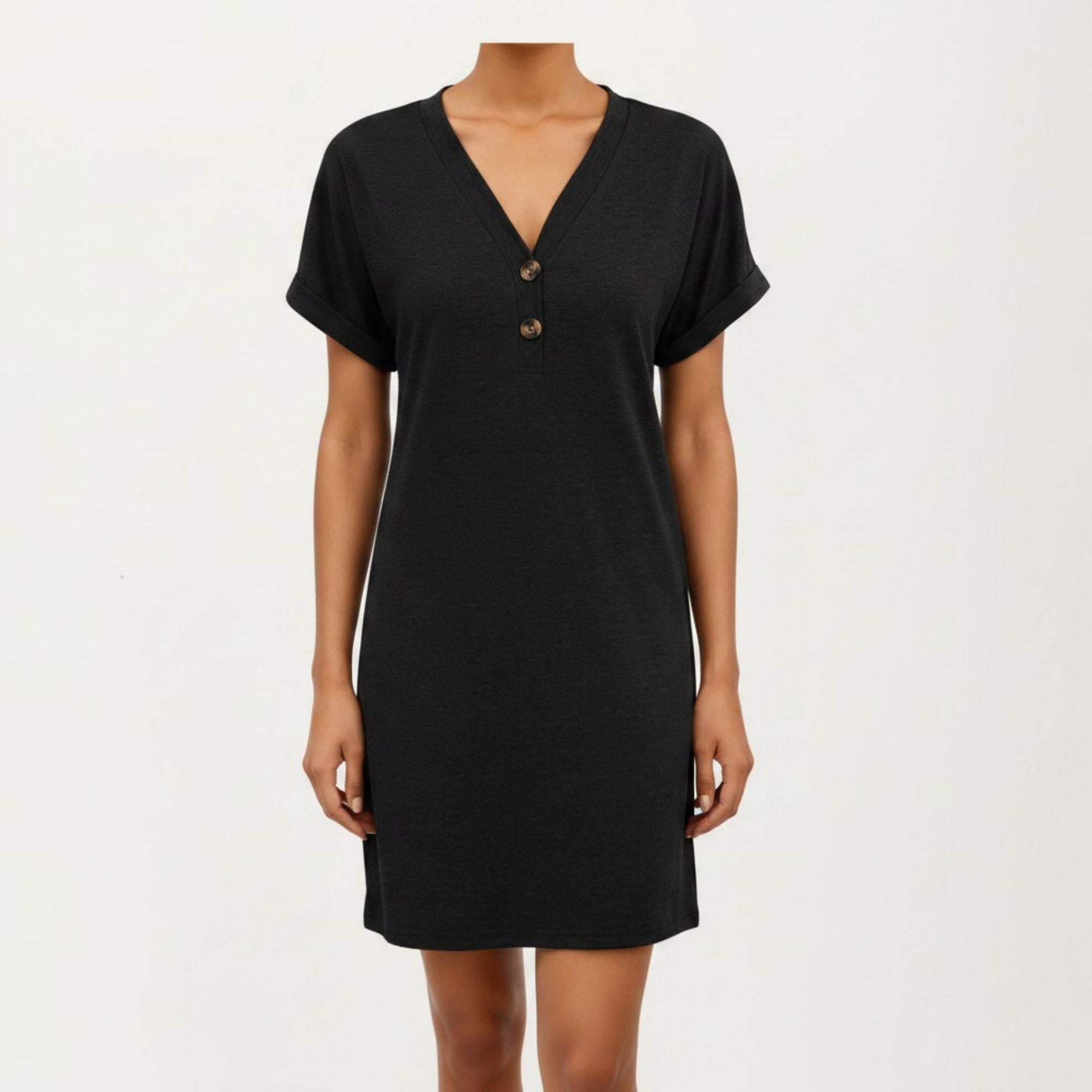 Anna-Kaci Women's Short Sleeve V Neck Shift Dress with Button Detail Relaxed Fit Casual Tunic Dress