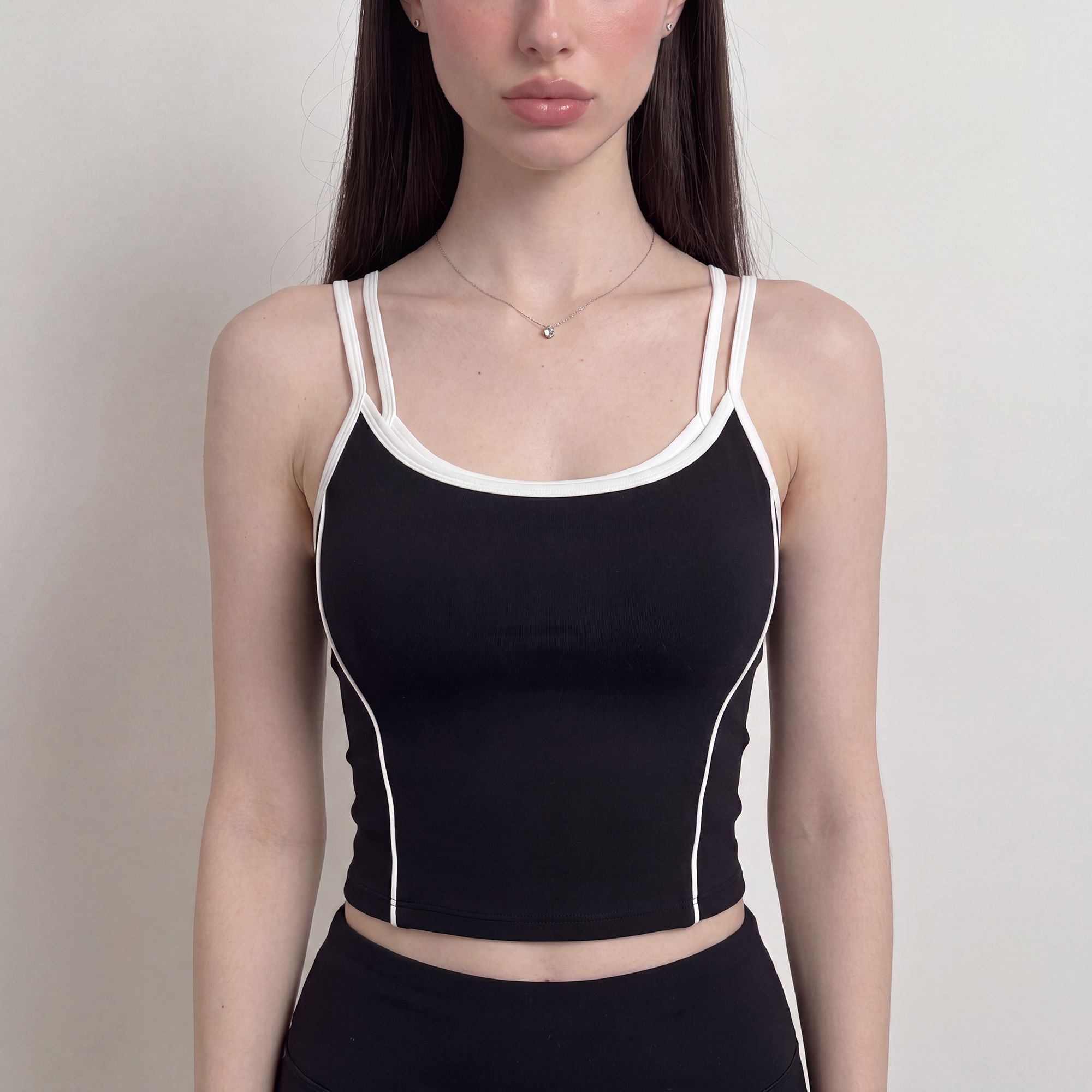 Contrast Trim Double Strap Cropped Cami Tank Top with Fitted Light Support Activewear Design