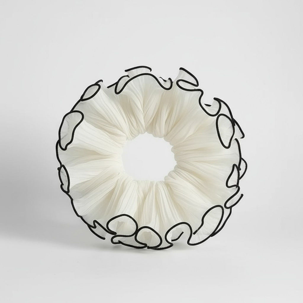 Pleated Organza Hair Scrunchie with Contrast Trim and Voluminous Ruffled Design