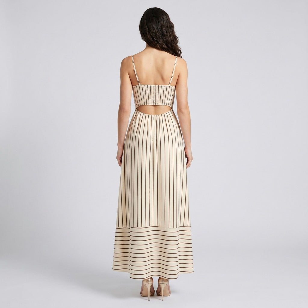 Striped Square Neck Sleeveless Maxi Dress with Fitted Bodice Adjustable Straps and Flowy Tiered A-Line Skirt