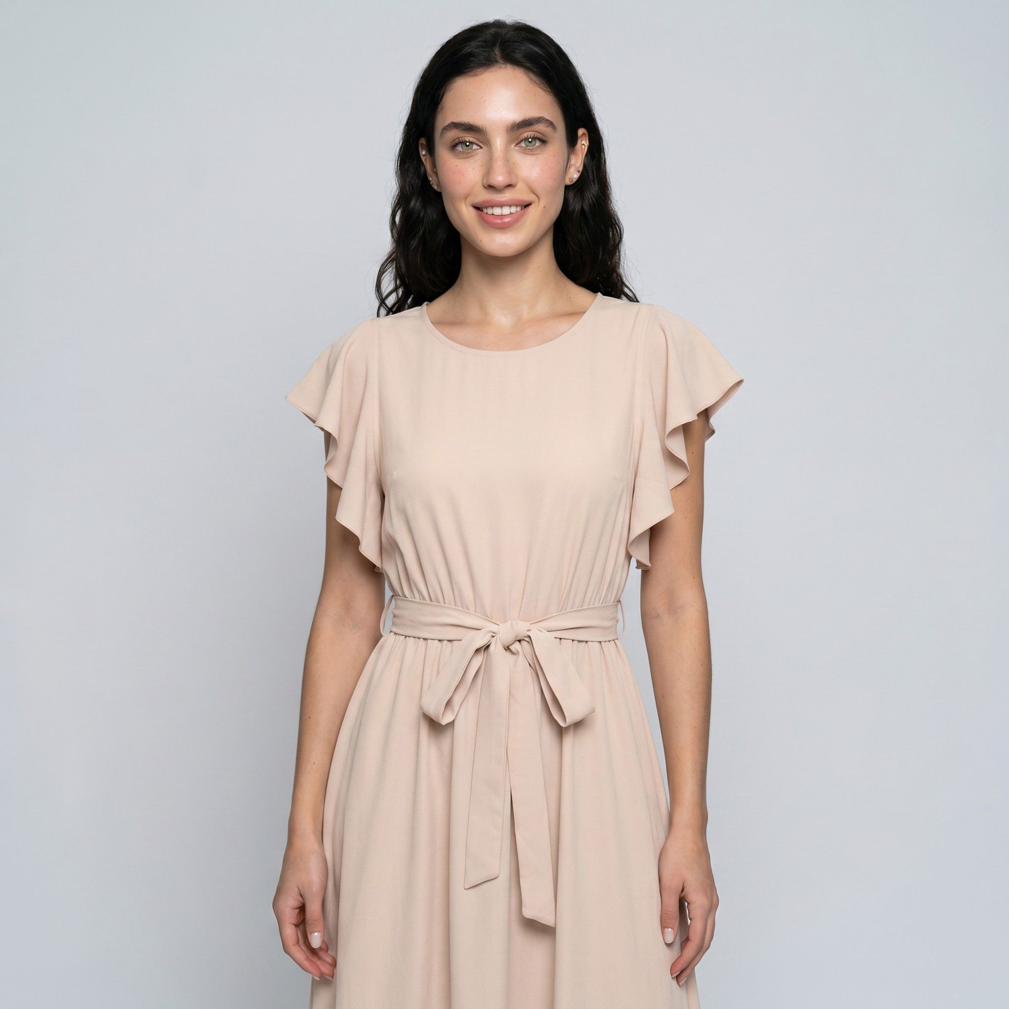 Flutter Sleeve Tie Waist Midi Dress with Round Neckline Flowy A Line Skirt and Soft Gathered Silhouette