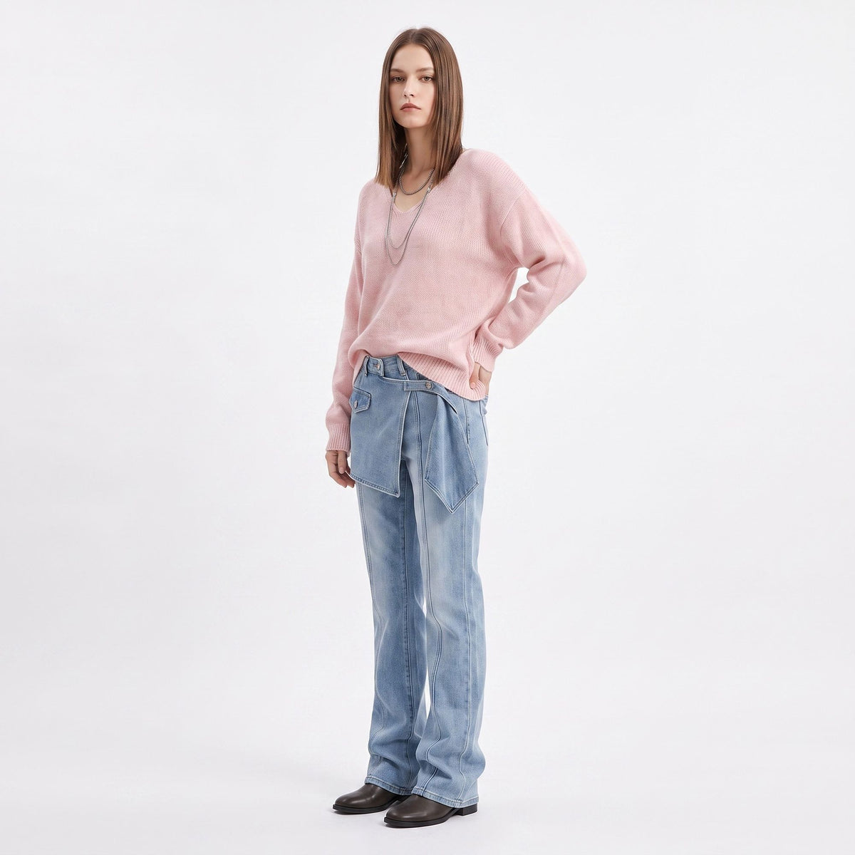 Oversized V Neck Longline Knit Pullover Sweater