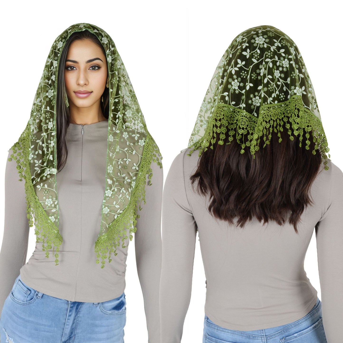 Anna-Kaci Lightweight Lace Floral Head Scarf Fringe Triangular Shawl Scarf Wrap Bandana for Women