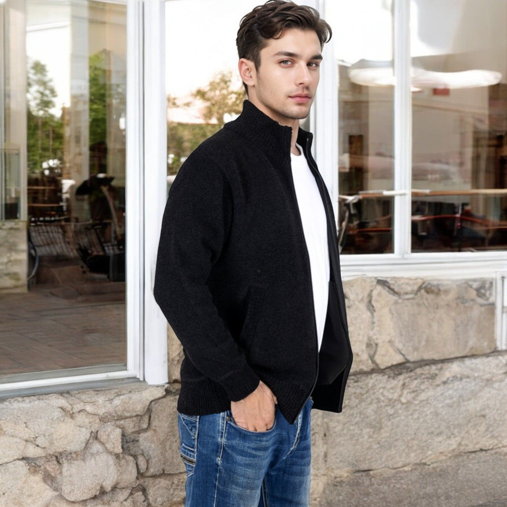 Anna-Kaci Men's Zip-Up Ribbed Knit Cardigan Sweater with Stand Collar