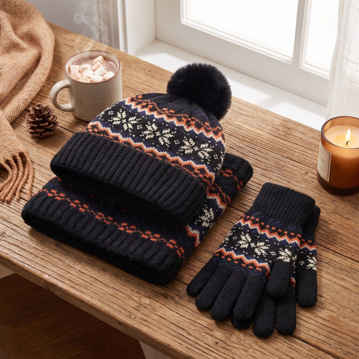3 Piece Fair Isle Pom Beanie Neck Warmer and Gloves Set