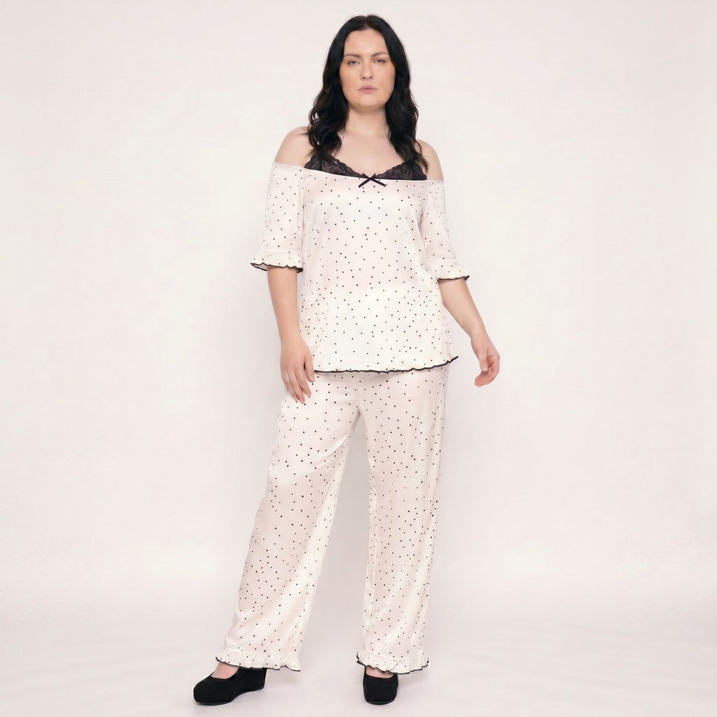 Plus Size 2-Piece Polka Dot Off Shoulder Pajama Top and Wide Leg Pants Sleepwear Lounge Set