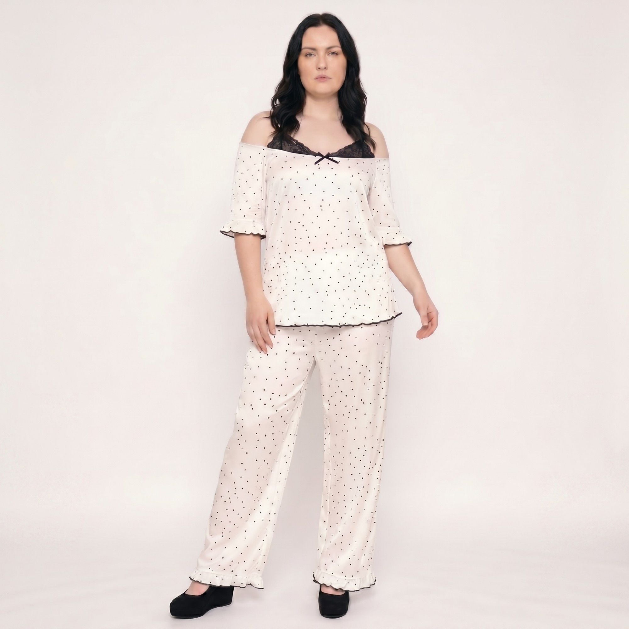 Plus Size 2-Piece Polka Dot Off Shoulder Pajama Top and Wide Leg Pants Sleepwear Lounge Set