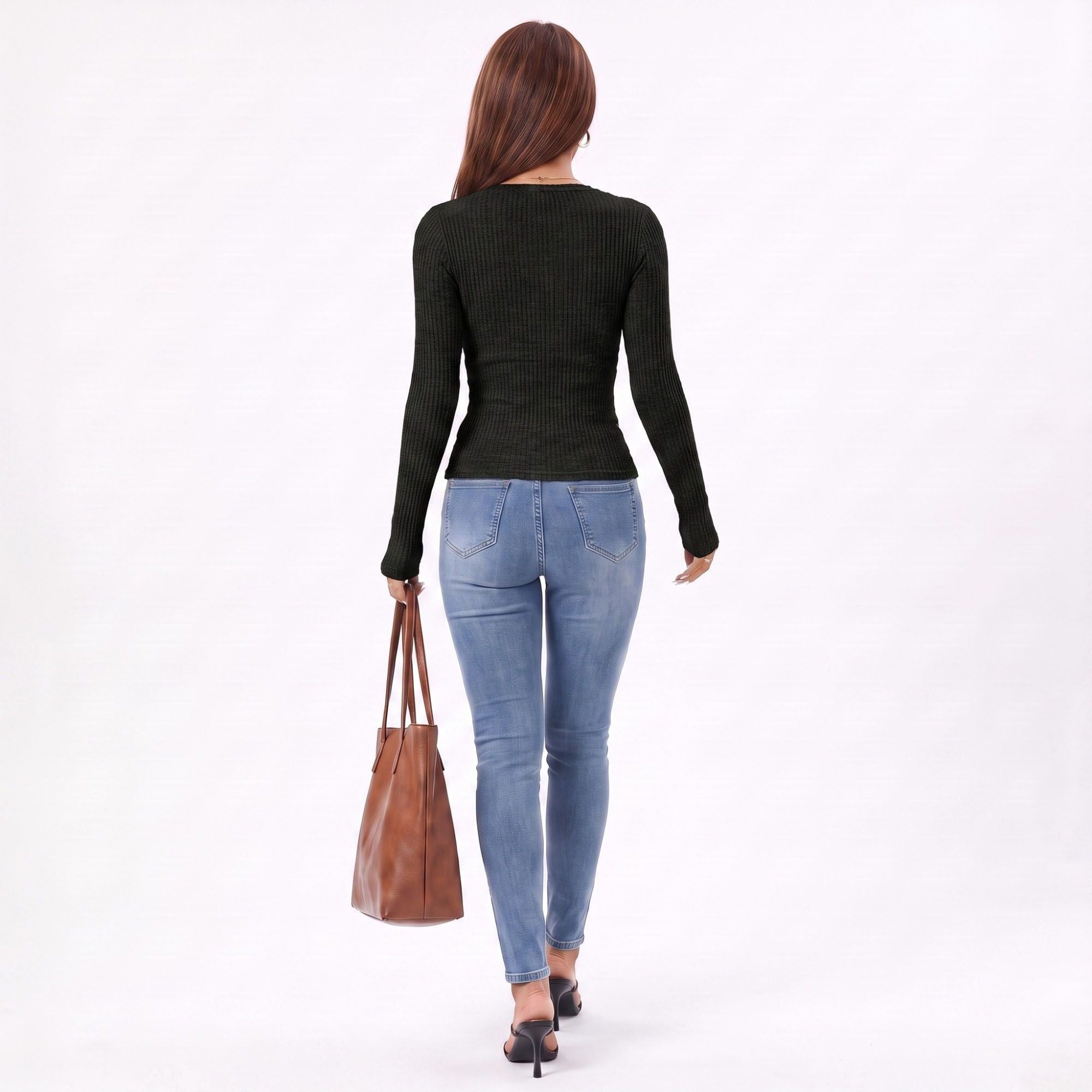 Ribbed Lace Inset V-Neck Button Long Sleeve Top