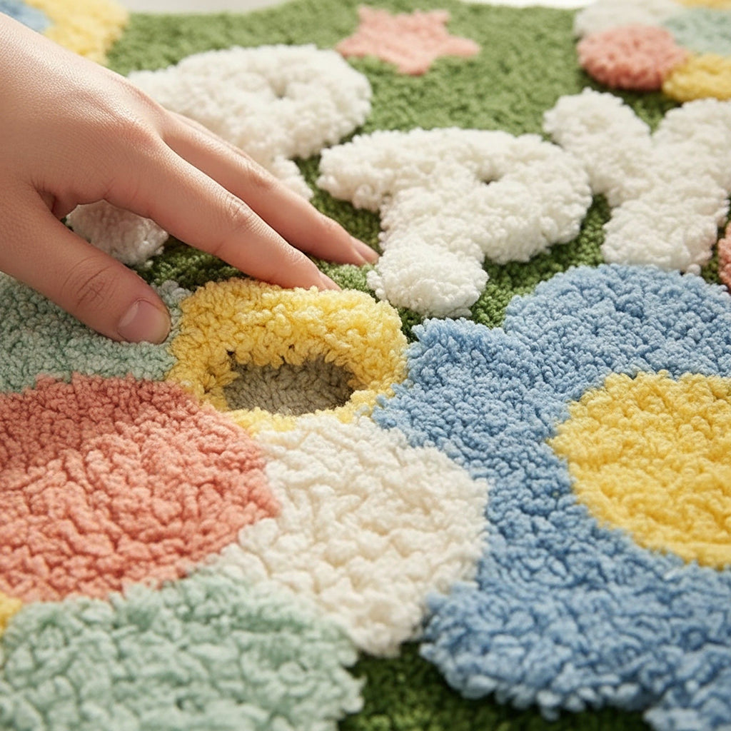Tufted Floor Mat with Happy Text and Floral Pattern Non Slip Backing Soft Plush Decorative Scalloped Edge Indoor Rug