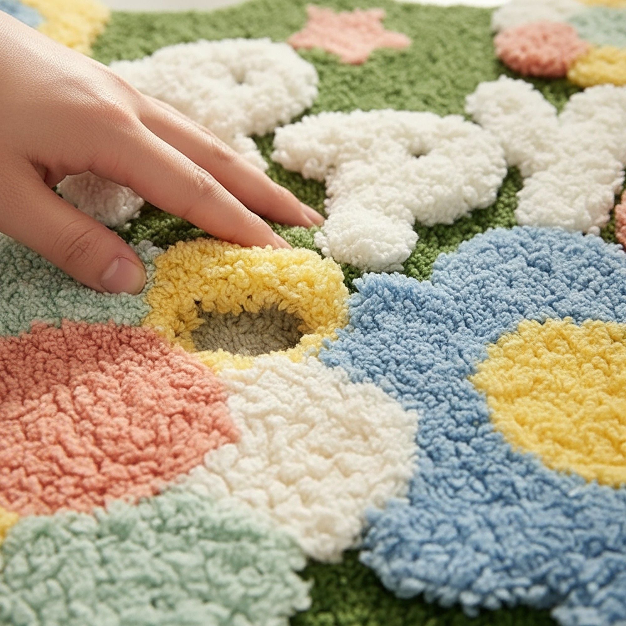 Tufted Floor Mat with Happy Text and Floral Pattern Non Slip Backing Soft Plush Decorative Scalloped Edge Indoor Rug