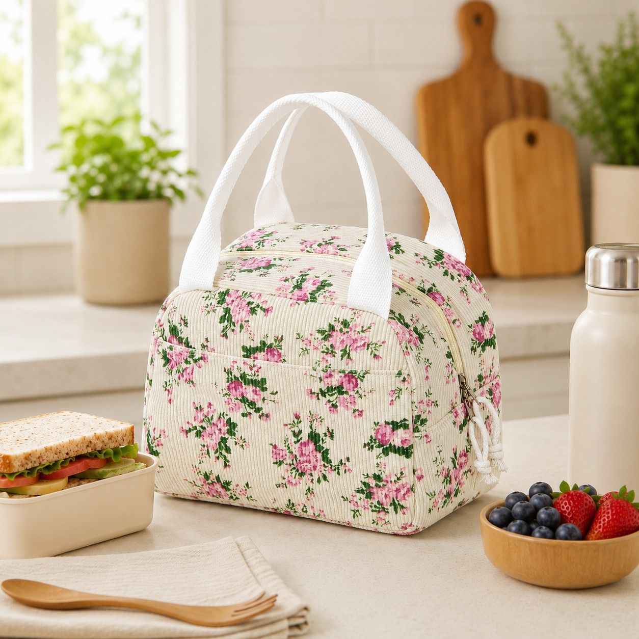 Printed Insulated Lunch Tote Bag with Double Handles and Zip Closure