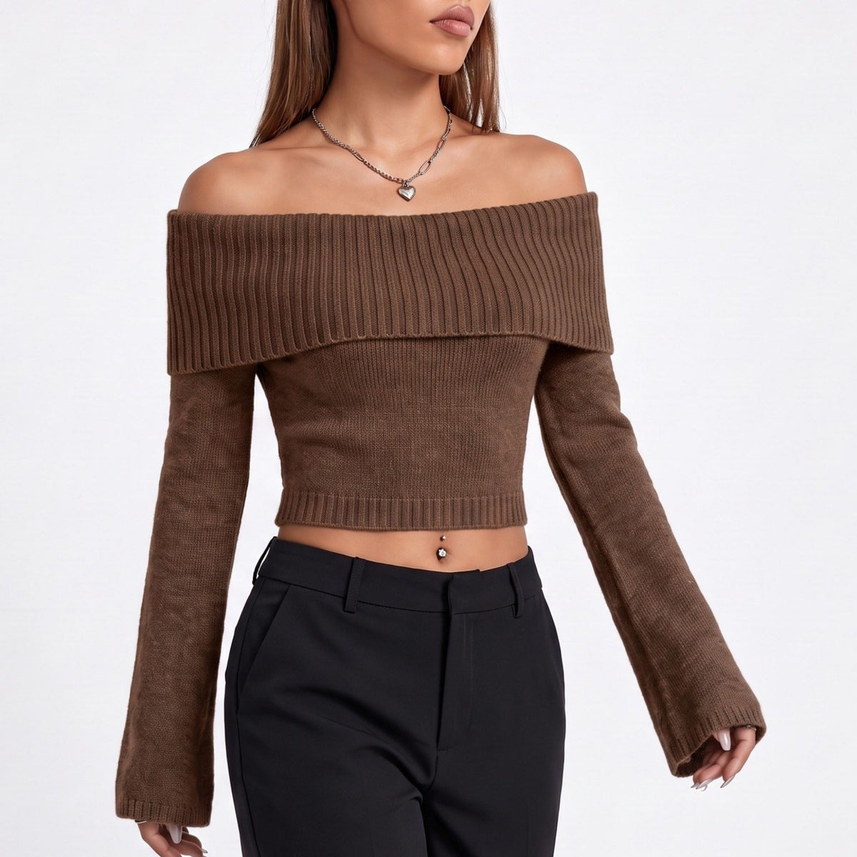 Off Shoulder Foldover Cropped Knit Sweater