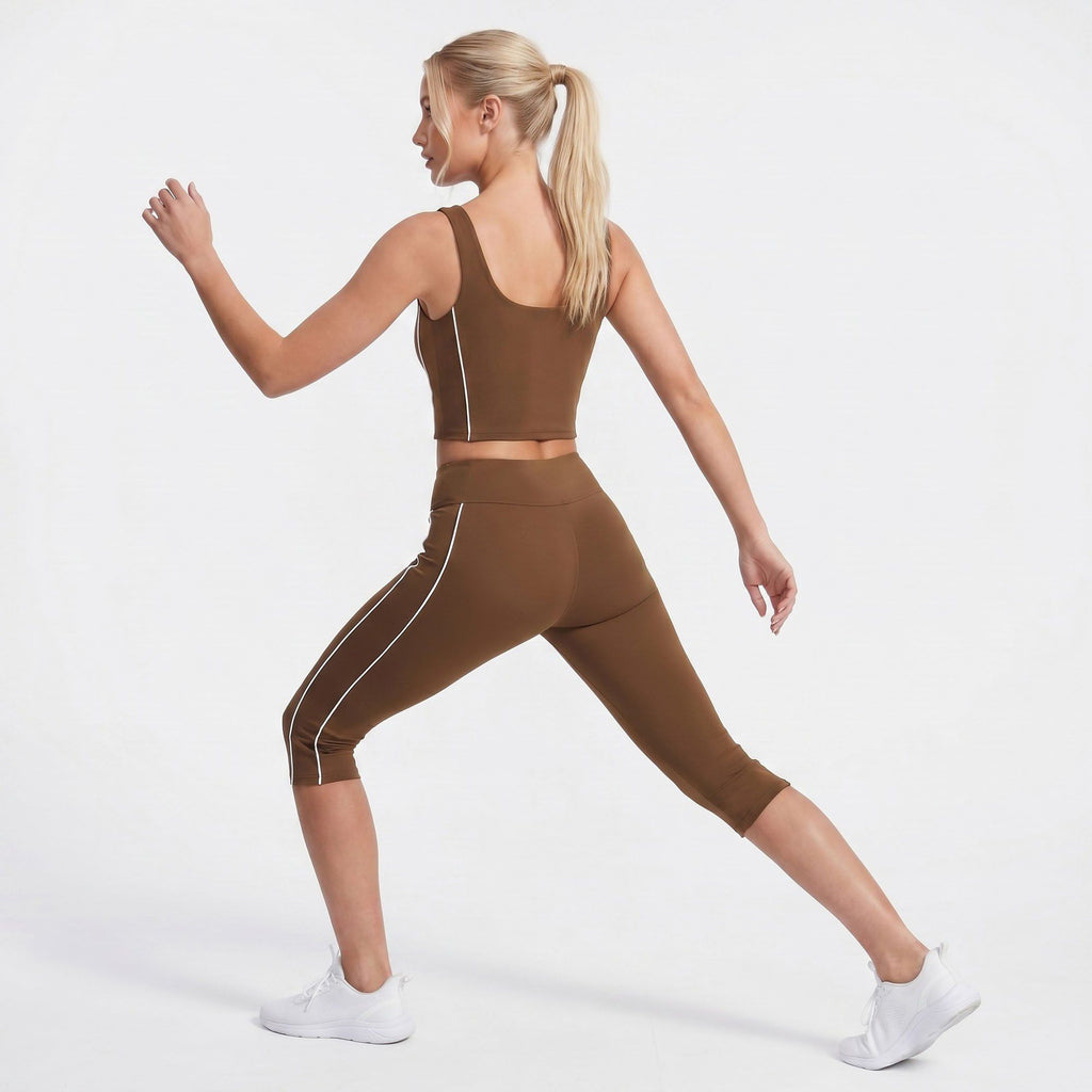 High Waist Side Stripe Capri Leggings Wide Waistband Cropped Workout Yoga Pants