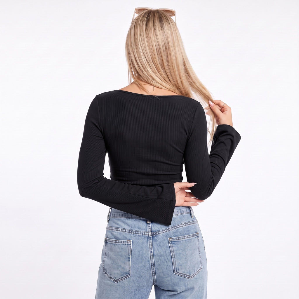 Ribbed Boat Neck Bell Sleeve Crop Top
