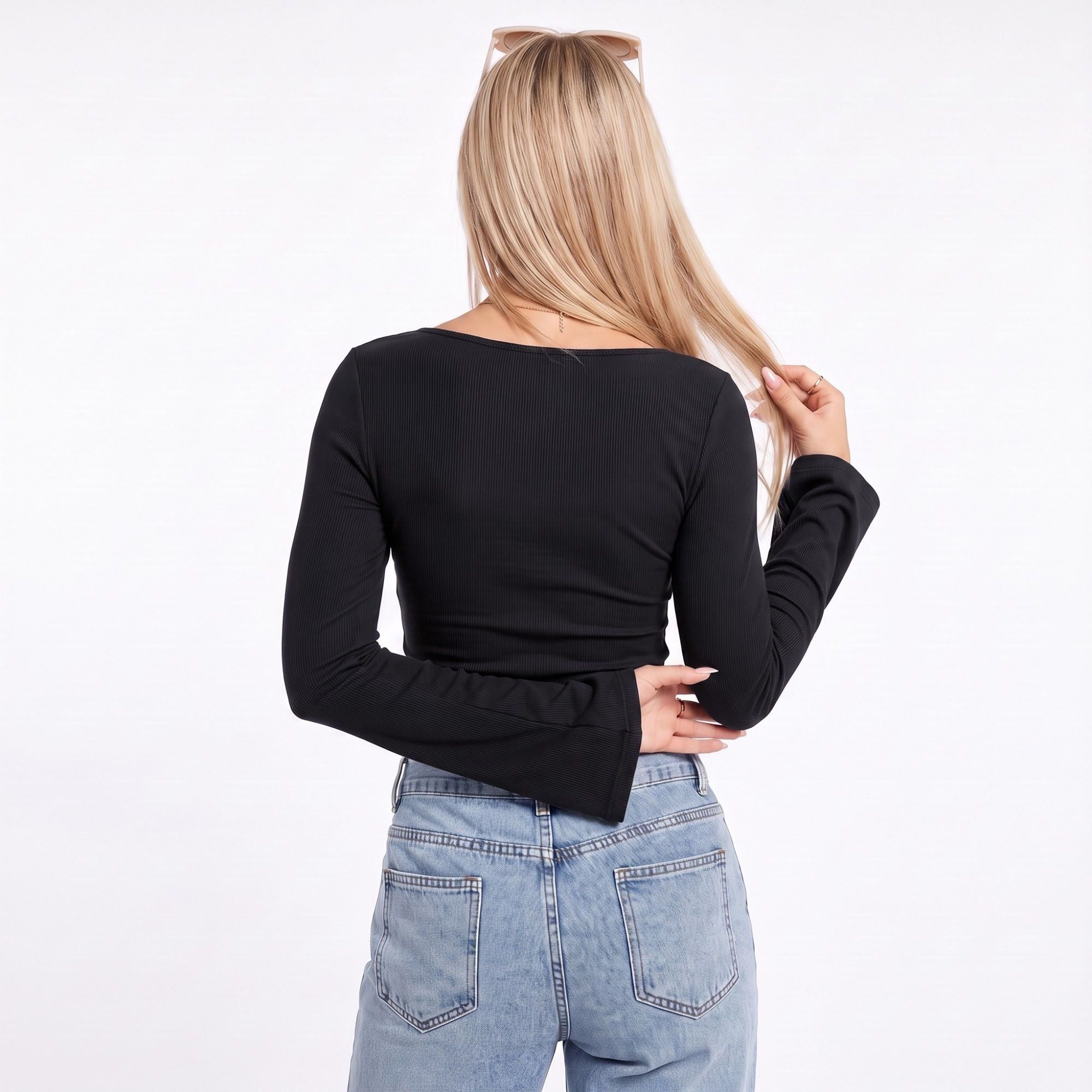 Ribbed Boat Neck Bell Sleeve Crop Top