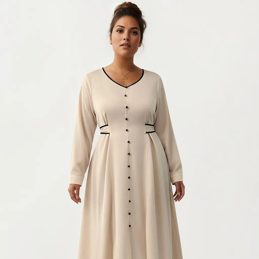 Anna-Kaci Women's Plus Size Long Sleeve Button Front Maxi Dress with V Neckline Contrast Trim and Defined Waist Detail