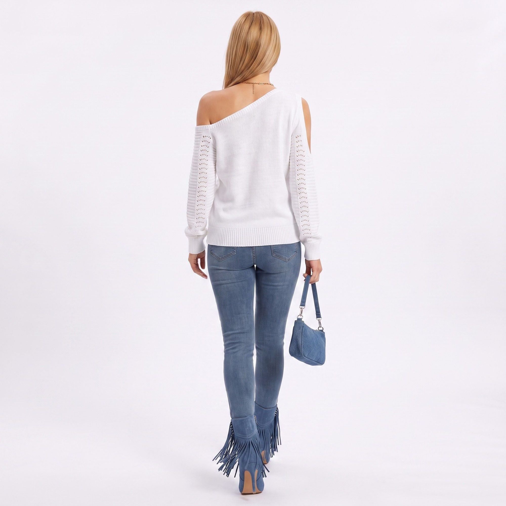 One Shoulder Cold Shoulder Pointelle Knit Long Sleeve Sweater
