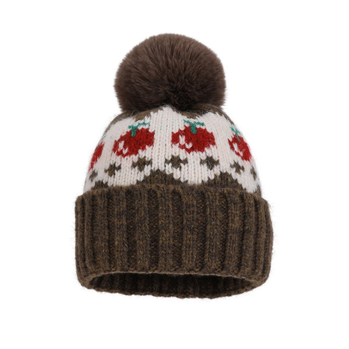 Fair Isle Pom Pom Knit Beanie with Ribbed Cuff Winter Hat