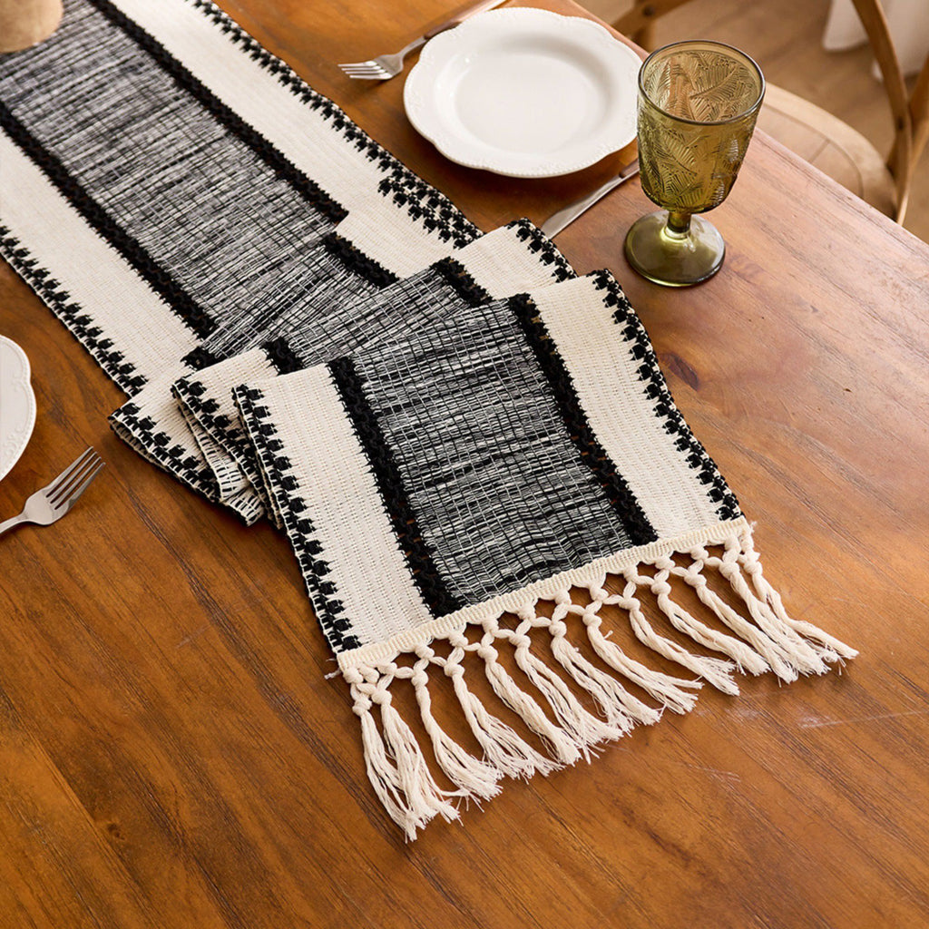 Textured Woven Table Runner with Fringe Edges and Bohemian Stripe Pattern 47x11.8 in