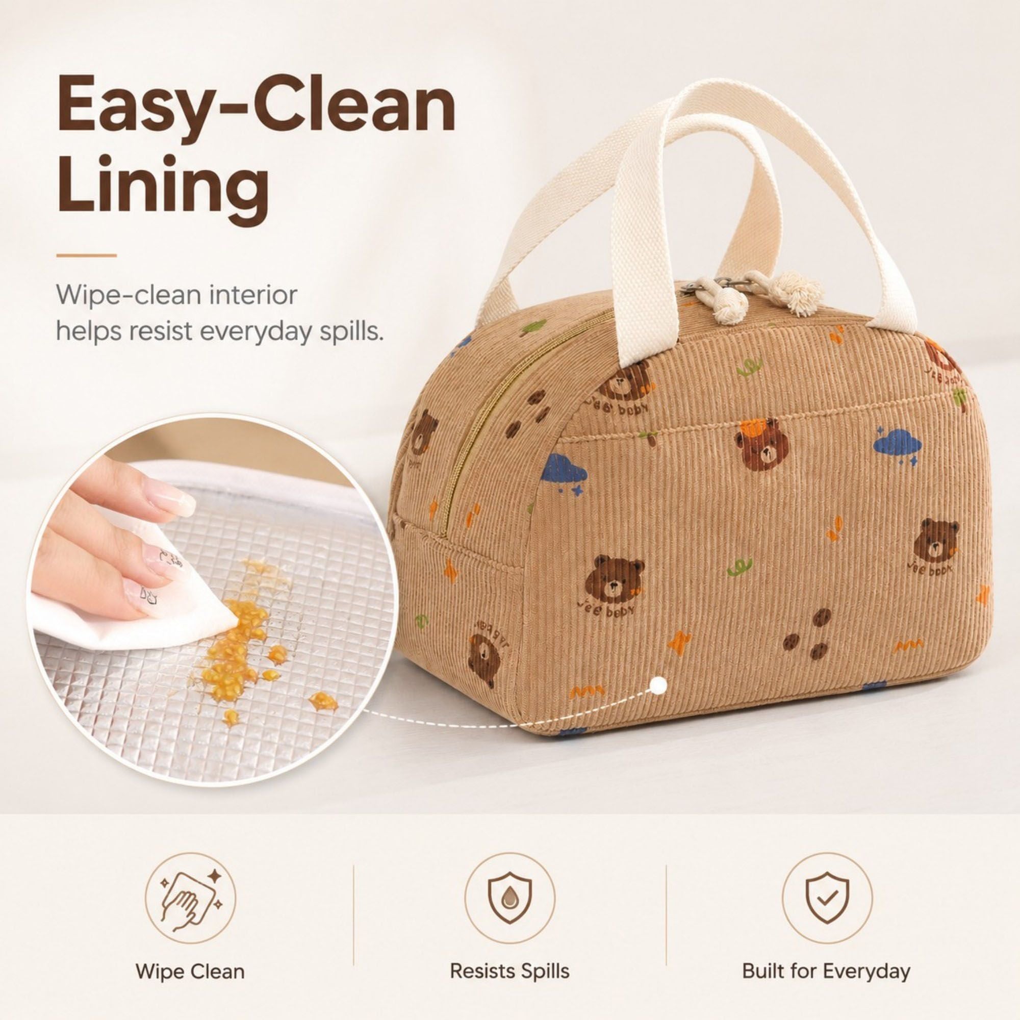 Heart Print Corduroy Insulated Lunch Bag with Handles and Zip Closure