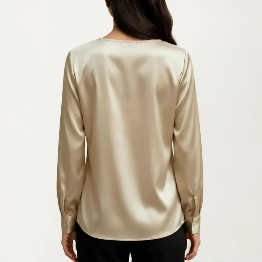 Anna-Kaci Women's Satin V-Neck Blouse with Long Balloon Sleeves and Wide Cuffs