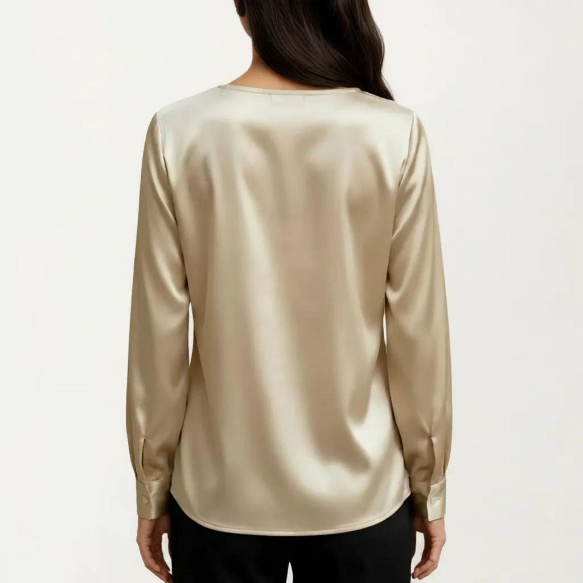 Anna-Kaci Women's Satin V-Neck Blouse with Long Balloon Sleeves and Wide Cuffs
