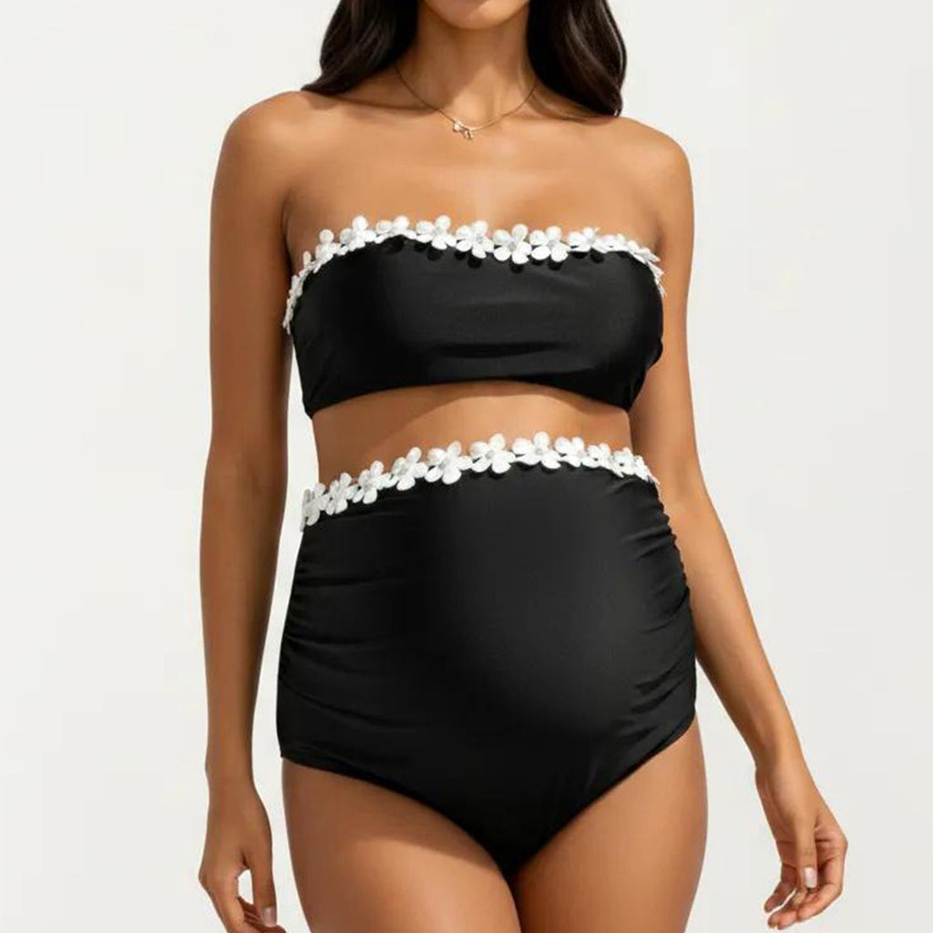 Anna-Kaci Swim Women's Maternity Bandeau Two-piece Swimsuit with Floral Trim and High-Waisted Bottom