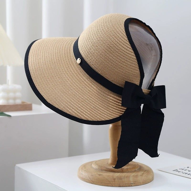 Anna-Kaci Women Straw Sun Visor Hat Wide Brim Bow Ribbon Contrast Trim Adjustable Summer Hat