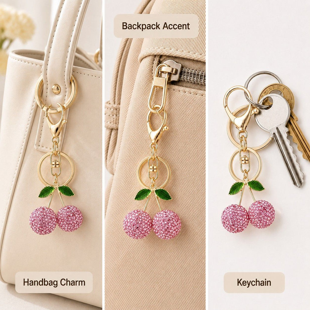 Rhinestone Cherry Bag Charm Keychain with Gold-Tone Lobster Clasp