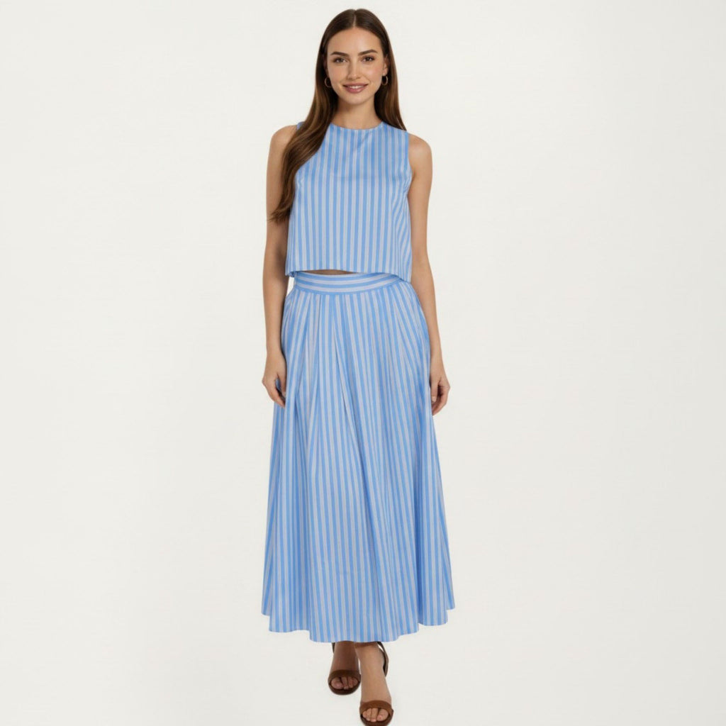 Anna-Kaci Women's Sleeveless Striped Two Piece Set Crop Top and Midi Skirt with Back Button Detail Flowy High Waist Set