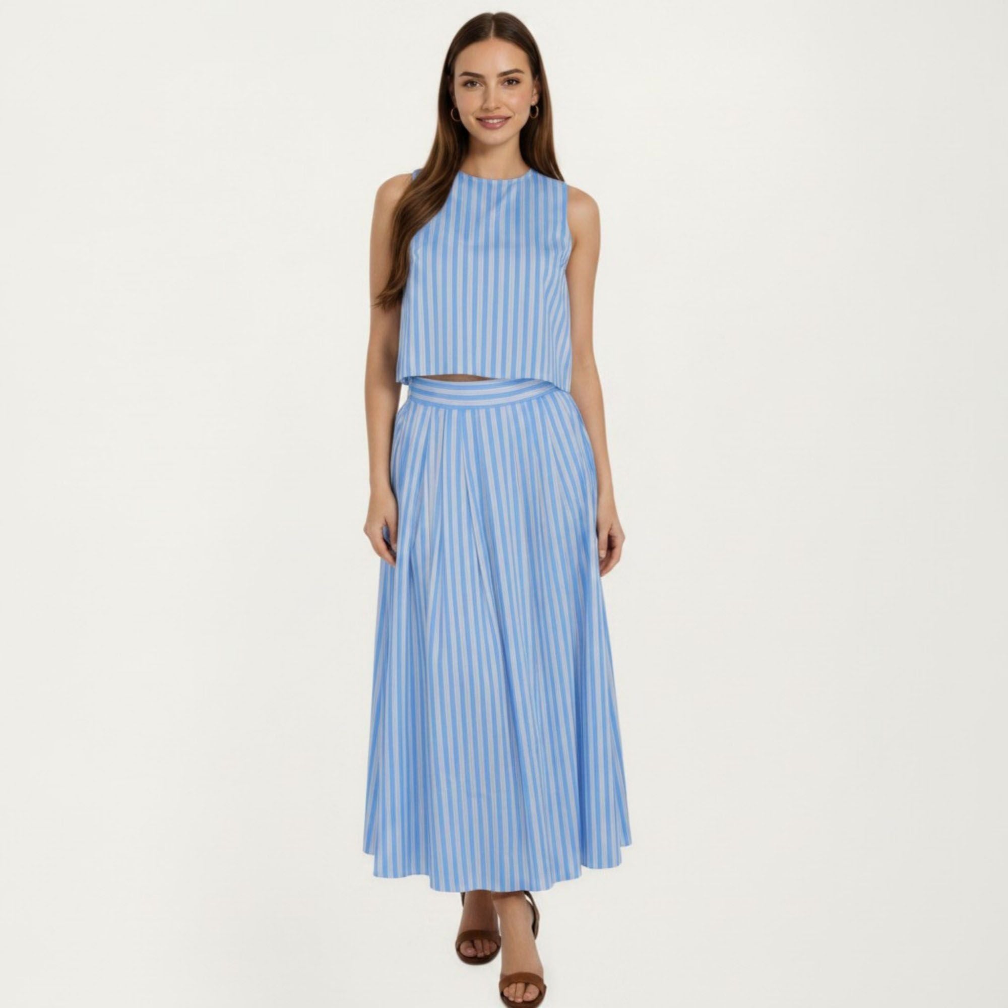 Anna-Kaci Women's Sleeveless Striped Two Piece Set Crop Top and Midi Skirt with Back Button Detail Flowy High Waist Set