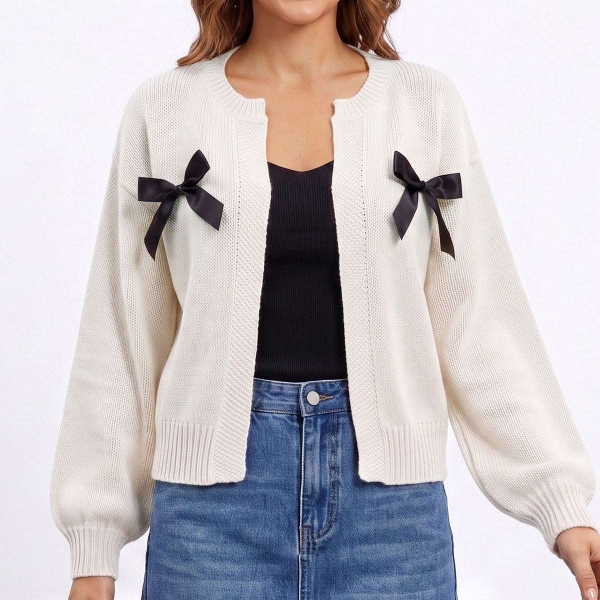 Bow Detail Open Front Knit Cardigan Sweater