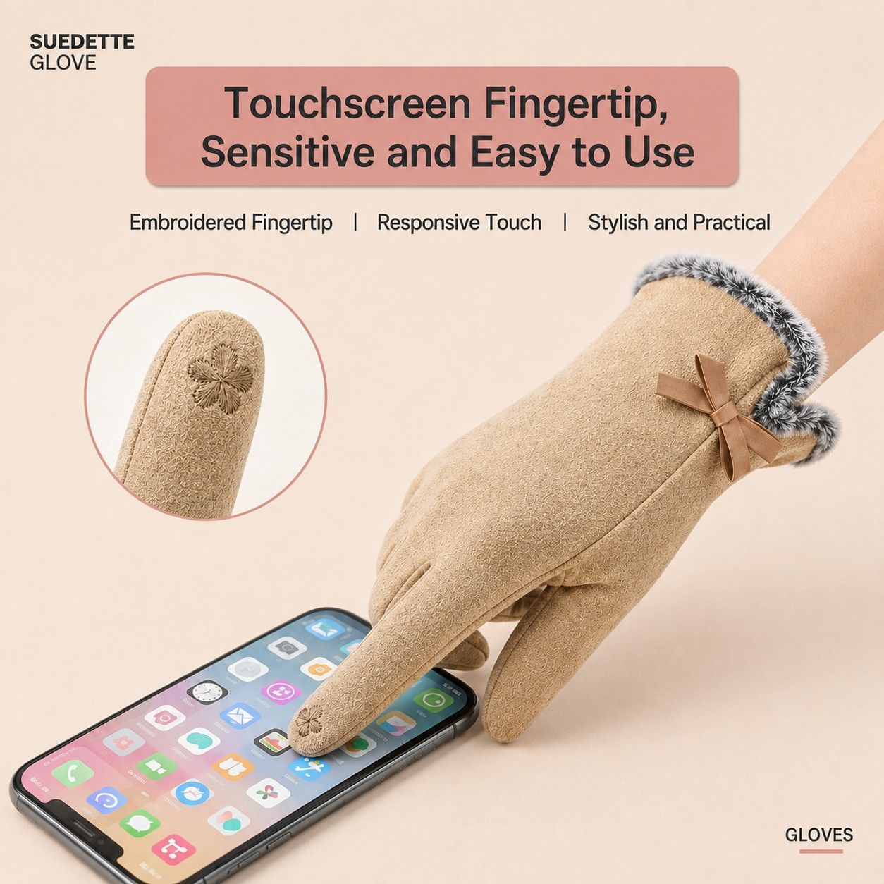 Bow Detail Fleece Lined Touchscreen Winter Gloves